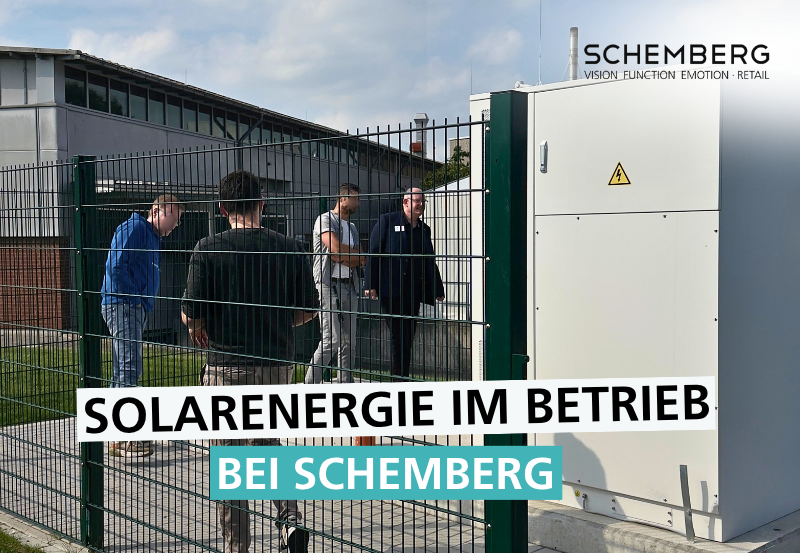 Grafisches Motiv zur Veranstaltung Solarenergie im Betrieb bei SCHEMBERG mit Teilnehmenden vor einem Batteriespeicher